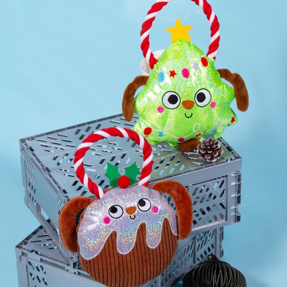 Christmas Pudding Plush Rope Toy Tug of War Squeaky Dog Puppy Stocking Filler First Xmas.