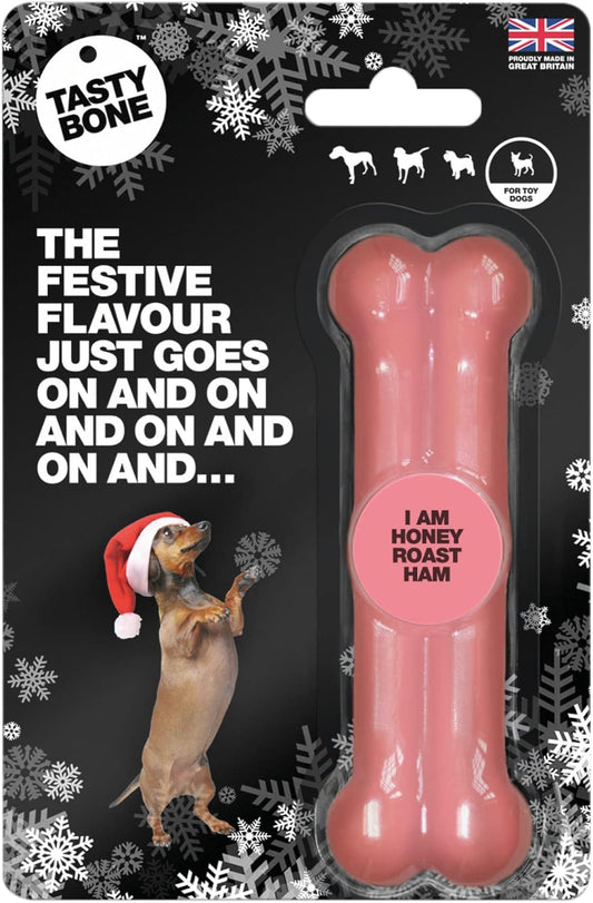 Tastybone Festive Nylon Dog Chew Toy for Toy Dogs (Honey Roast Ham) - Christmas Dog Present, Indestructible for Aggressive Chewers, Everlasting Flavour, Made in the UK