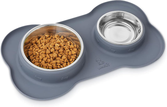 Dog Bowls Non-Slip, Stainless Steel Double Bowls Set with Non-Spill Silicone Mats Tray for Cats Puppies Water Food Feeding