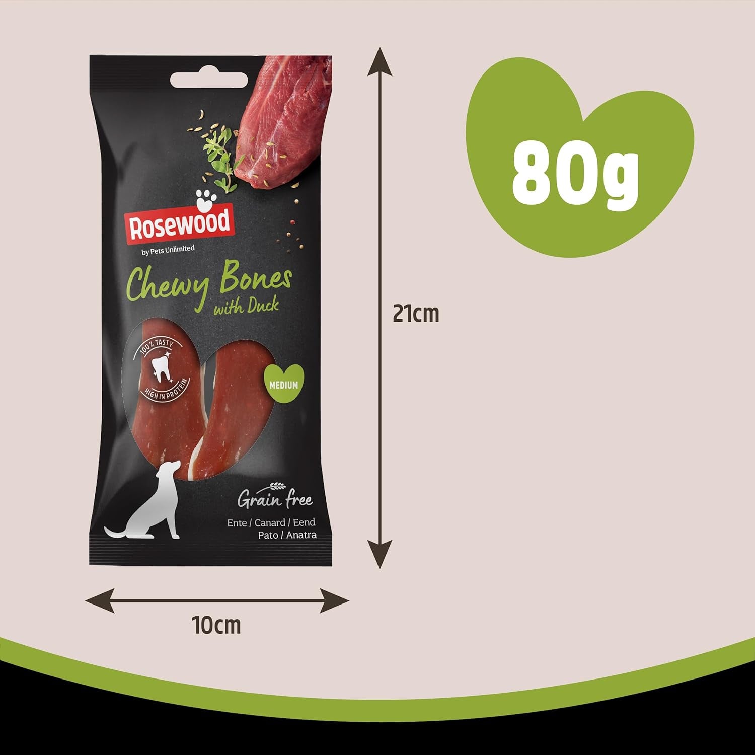 Medium Chewy Bones for Dogs - Made with Duck, Grain Free Chews, High Protein Dog Treats, by Pets Unlimited (2Pc, 80G)
