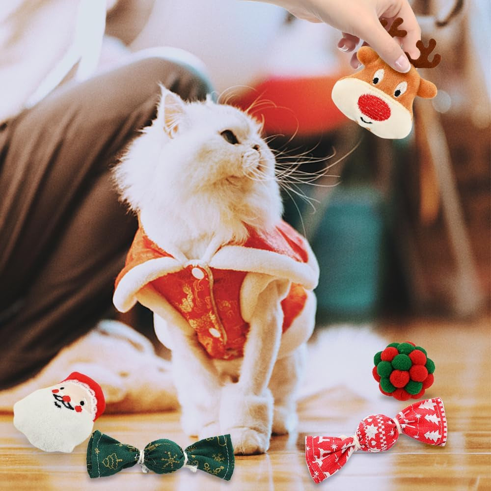 9 Pack Cat Christmas Toys - 2 Squeaky, 4 Colorful Bouncy Balls, 3 Plush Interactive with Ginger Man, Elk, Santa Claus - for Cat and Mouse