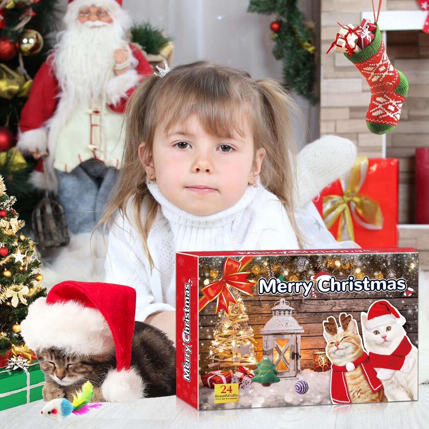 Advent Calendar for Cats, Christmas Cat Toy Set 24 Pcs with Interactive Balls, Feather Wands, Springs for Indoor Cats Kittens