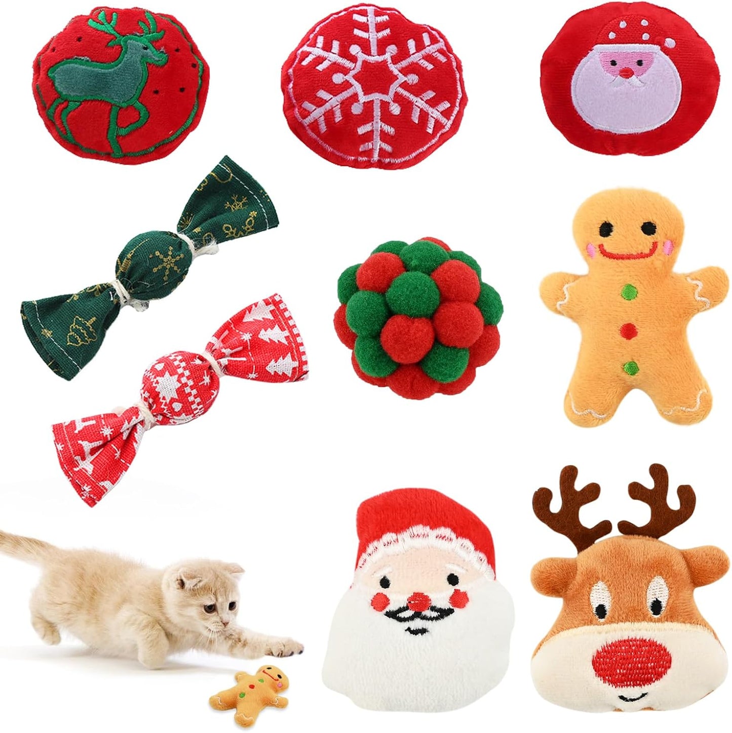 9 Pack Cat Christmas Toys - 2 Squeaky, 4 Colorful Bouncy Balls, 3 Plush Interactive with Ginger Man, Elk, Santa Claus - for Cat and Mouse