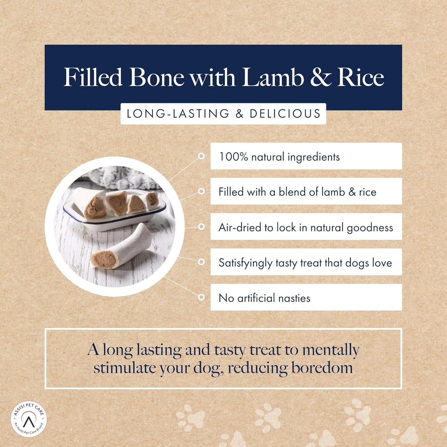 Filled Bone with Lamb & Rice Dog Chew, 100% Natural, Air Dried Long Lasting Bone for Adult Dogs, 1 Count