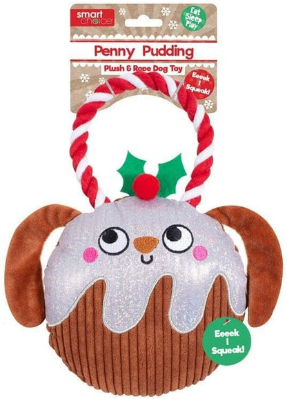 Christmas Pudding Plush Rope Toy Tug of War Squeaky Dog Puppy Stocking Filler First Xmas.