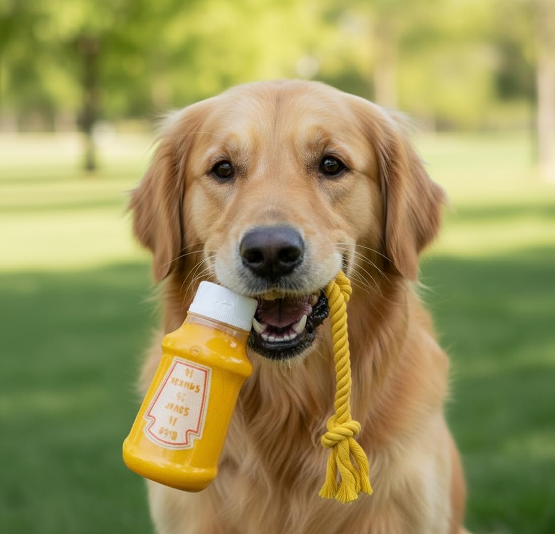 TPR Mustard Bottle Rubber Dog Toy with Rope – Durable Chew & Tug Toy for Small, Medium & Large Dogs – Tough – Interactive Fetch, Tug-Of-War & Dental Health Play