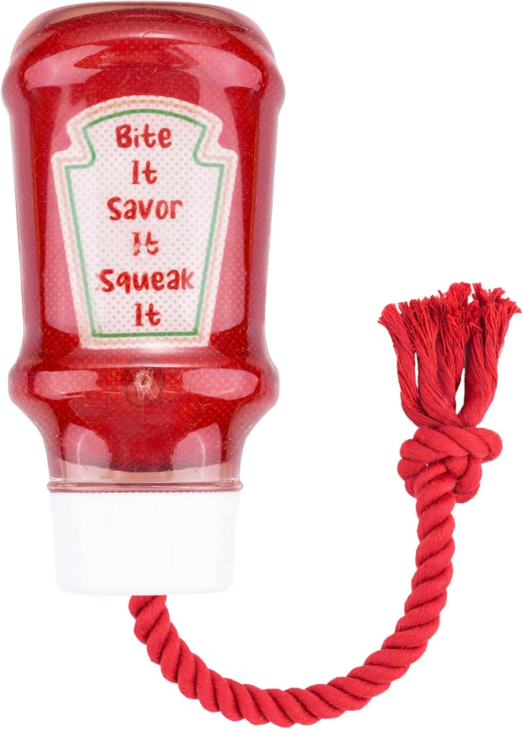 TPR Ketchup Bottle Rubber Dog Toy with Rope – Durable Chew & Tug Toy for Small, Medium & Large Dogs – Tough – Interactive Fetch, Tug-Of-War & Dental Health Play