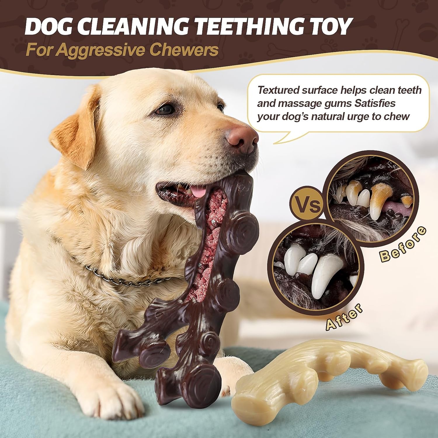 Dog Chew Toys for Aggressive Chewers,2 Indestructible Dog Toys for Medium and Large Breed,Real Bacon Flavored Best Dog Toys to Keep Them Busy, Dog Bones for Teeth Cleaning and Training