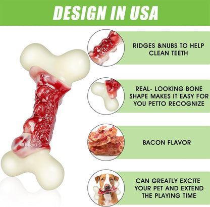 Dog Toys for Aggressive Chewers, Indestructible Dog Toys for Large Dogs, Real Bacon Flavored, Dog Bones for Medium/Large Breed Dogs, Dog Chew Toys to Keep Them Busy