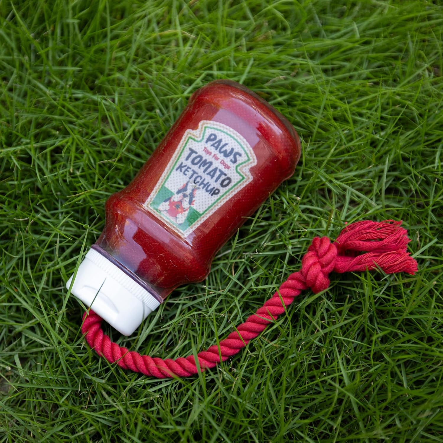TPR Ketchup Bottle Rubber Dog Toy with Rope – Durable Chew & Tug Toy for Small, Medium & Large Dogs – Tough – Interactive Fetch, Tug-Of-War & Dental Health Play