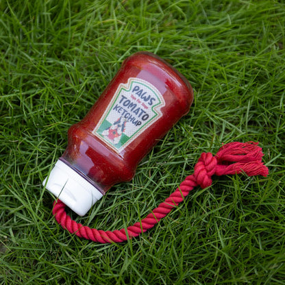 TPR Ketchup Bottle Rubber Dog Toy with Rope – Durable Chew & Tug Toy for Small, Medium & Large Dogs – Tough – Interactive Fetch, Tug-Of-War & Dental Health Play