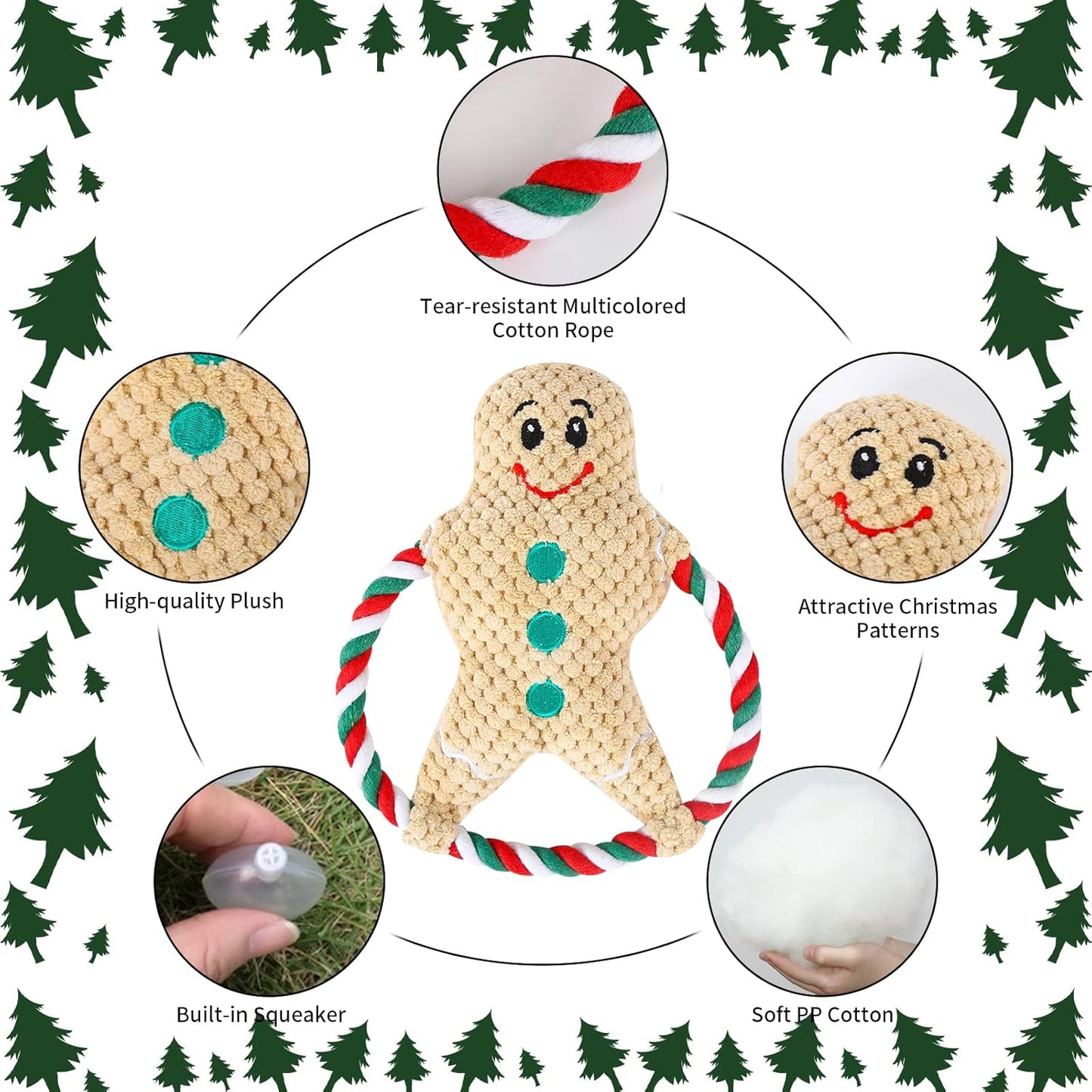 Christmas Dog Toys,Xmas Plush Stuffed Squeaky Pet Chew Toy Interactive Ginger Man Throw Bite Sounding Toys Funny Tug of War Dog Toy for Pet Puppy Small Medium Large Dogs Teeth Grinding Training