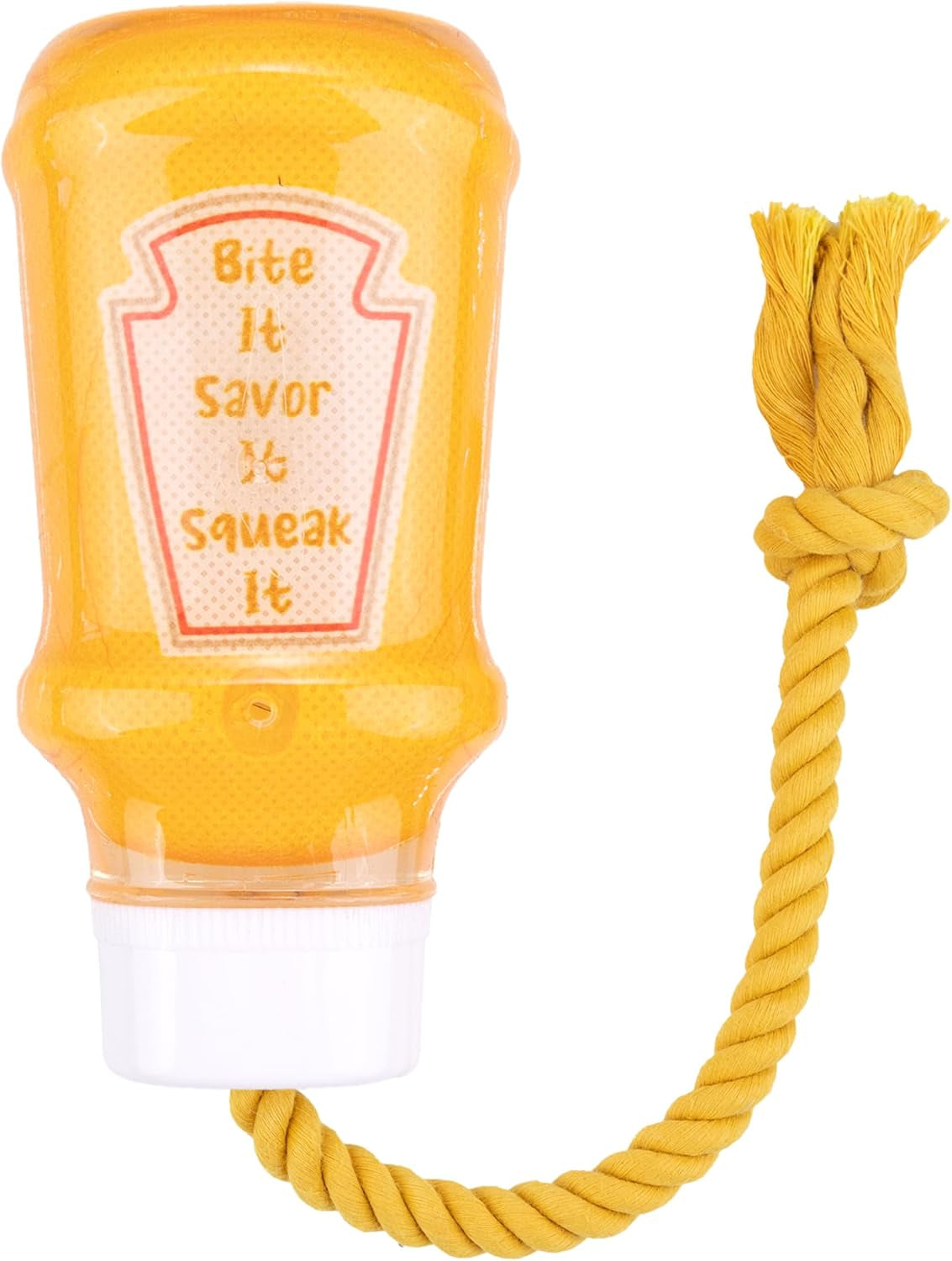 TPR Mustard Bottle Rubber Dog Toy with Rope – Durable Chew & Tug Toy for Small, Medium & Large Dogs – Tough – Interactive Fetch, Tug-Of-War & Dental Health Play