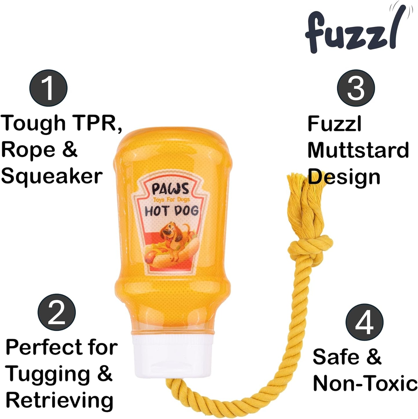 TPR Mustard Bottle Rubber Dog Toy with Rope – Durable Chew & Tug Toy for Small, Medium & Large Dogs – Tough – Interactive Fetch, Tug-Of-War & Dental Health Play