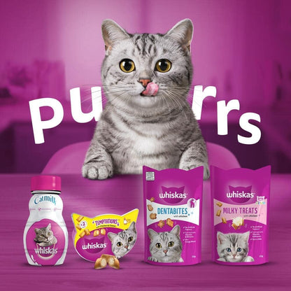 Whiskas Temptations - Tasty, Crunchy Treats for Adult Cats, Small Bite Size Snacks with a Delicious Salmon Flavour Filling, 4X180 G Packets - Pack May Vary