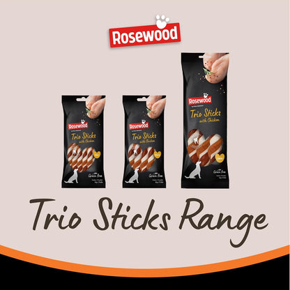 Medium Trio Sticks for Dogs - Made with Chicken, Grain Free Chews, High Protein Dog Treats, by Pets Unlimited (3Pc, 90G)