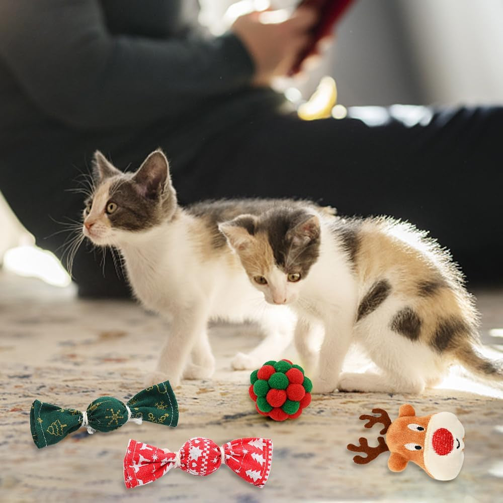 9 Pack Cat Christmas Toys - 2 Squeaky, 4 Colorful Bouncy Balls, 3 Plush Interactive with Ginger Man, Elk, Santa Claus - for Cat and Mouse