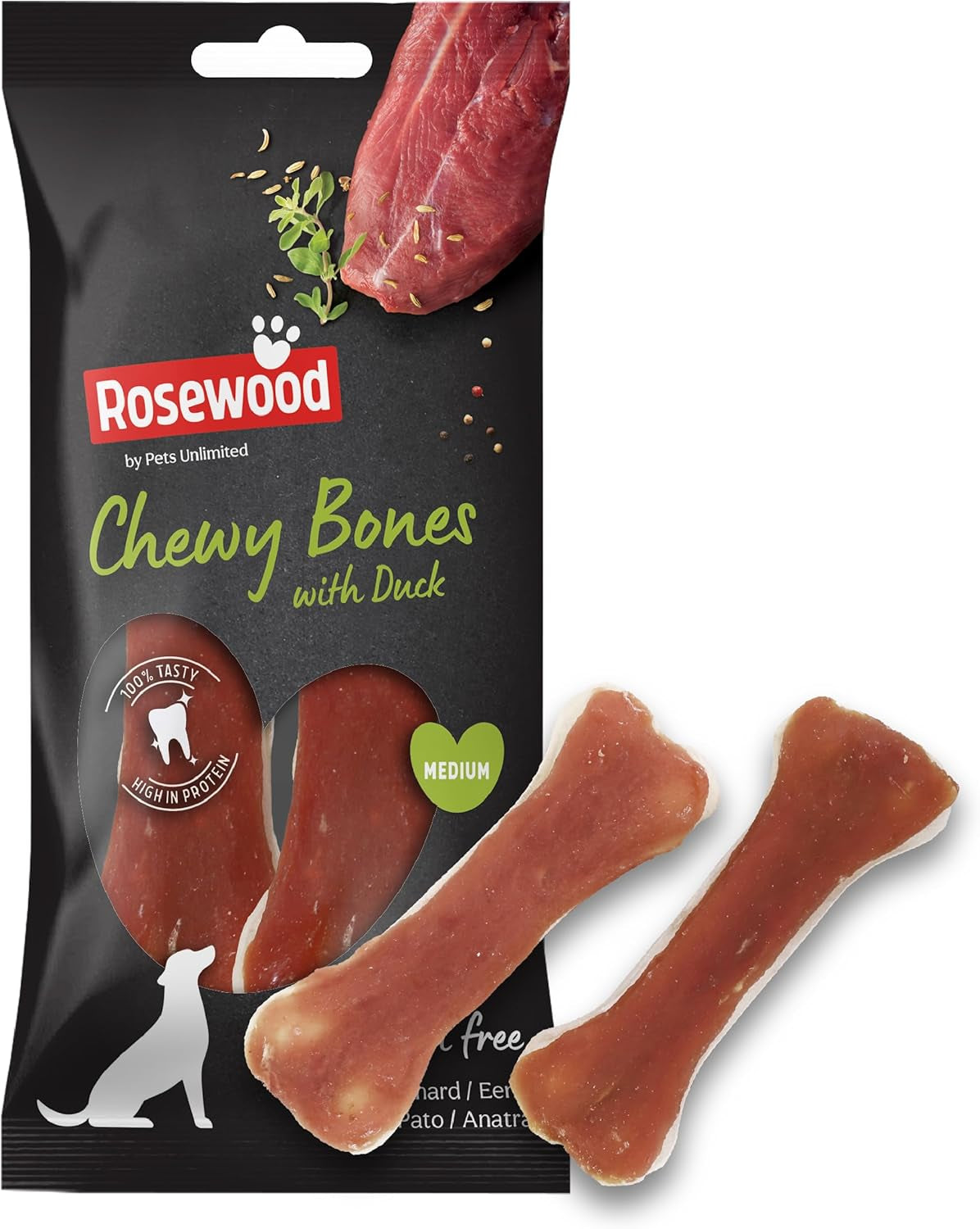 Medium Chewy Bones for Dogs - Made with Duck, Grain Free Chews, High Protein Dog Treats, by Pets Unlimited (2Pc, 80G)