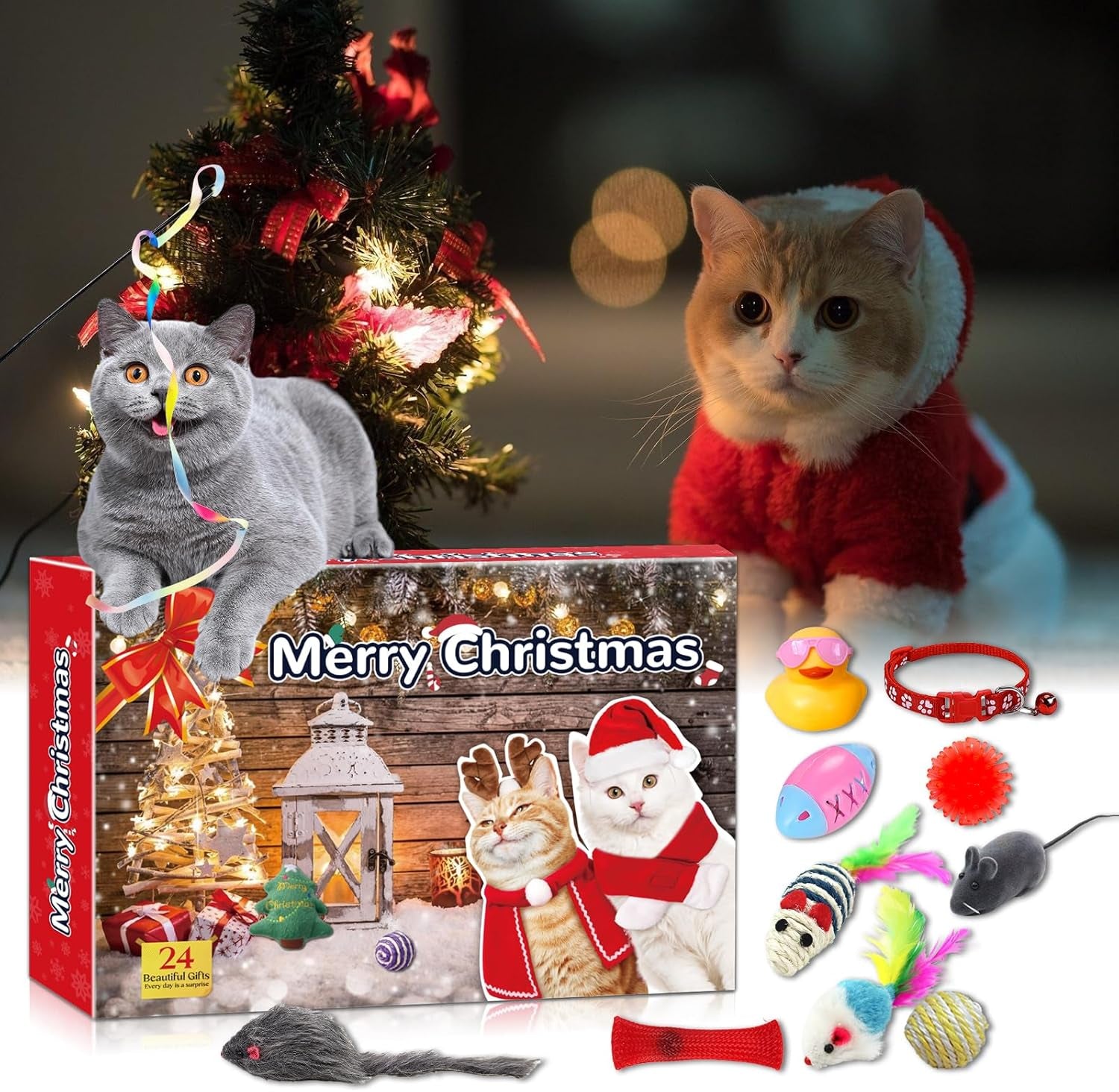 Advent Calendar for Cats, Christmas Cat Toy Set 24 Pcs with Interactive Balls, Feather Wands, Springs for Indoor Cats Kittens