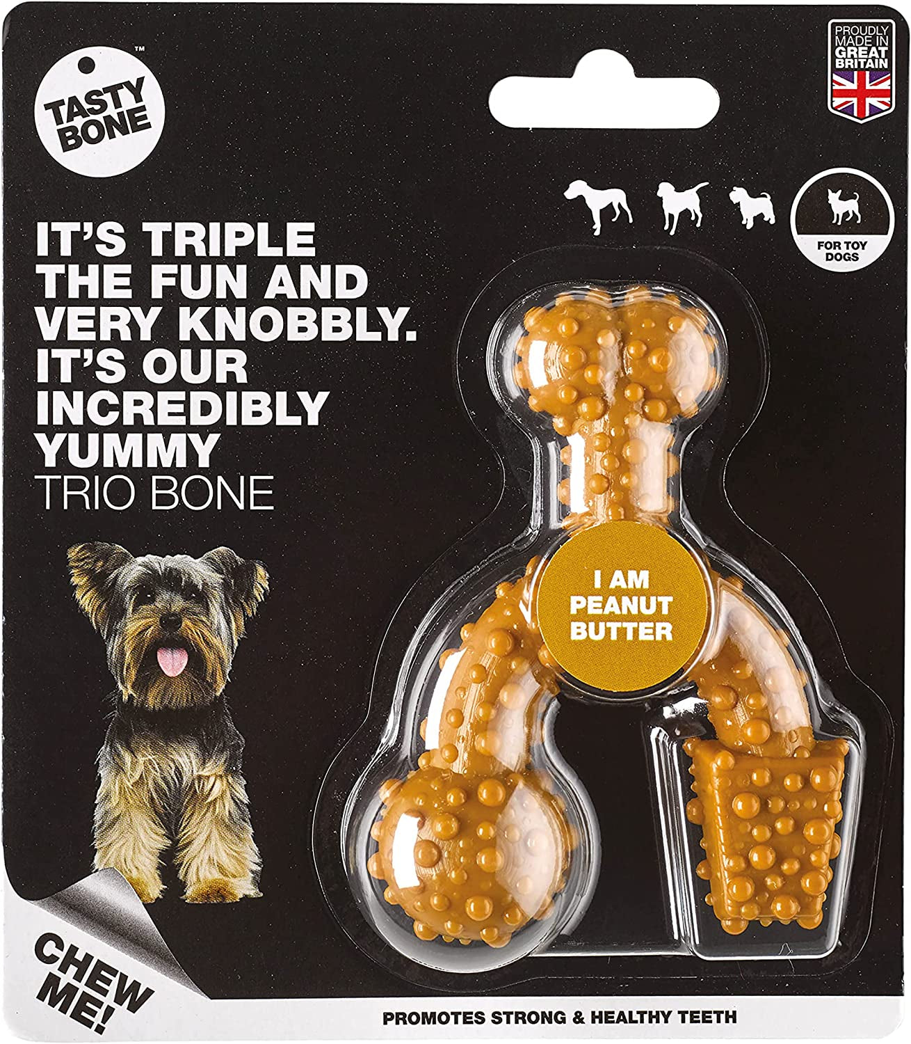 Tastybone Triobone Nylon Dog Chew Toy for Toy Dogs (Peanut Butter) - Indestructible for Aggressive Chewers, Everlasting Flavour, Strong Healthy Teeth, Made in the UK