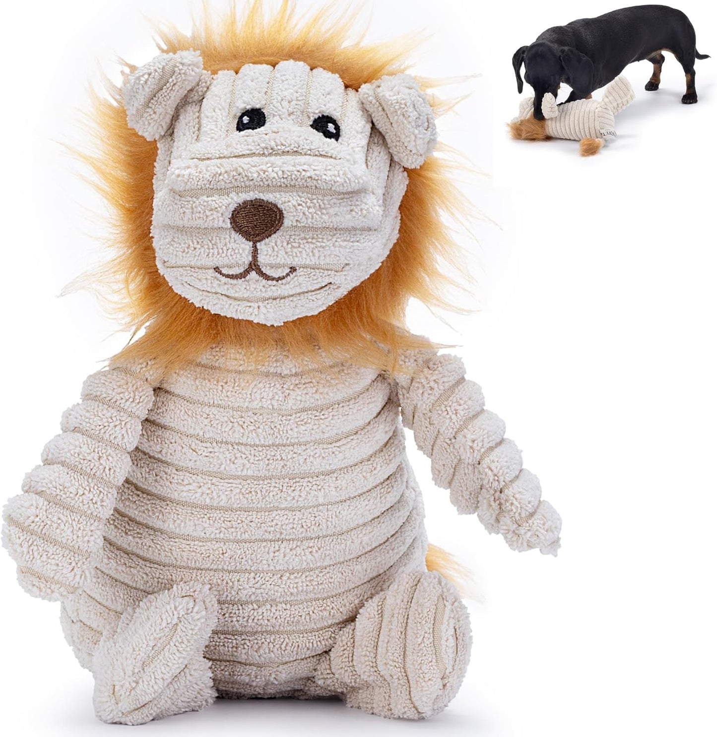 Brown Lion Plush Dog Toy with Squeaker – Soft, Ribbed Design for Playtime Fun. Great for Small and Medium Dogs Looking for an Exciting, Squeaky Toy for Interactive Play.