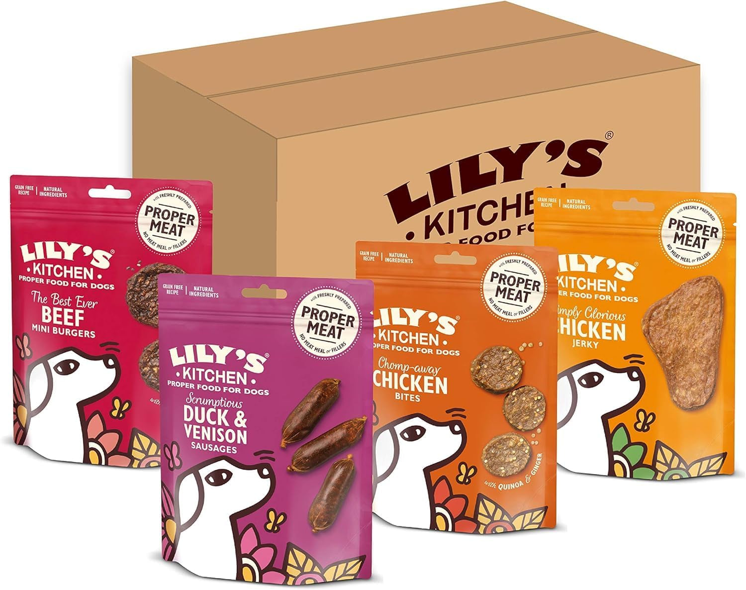 Natural Dog Treats Multipack - Beef Mini Burgers, Duck and Venison Sausages, Chi