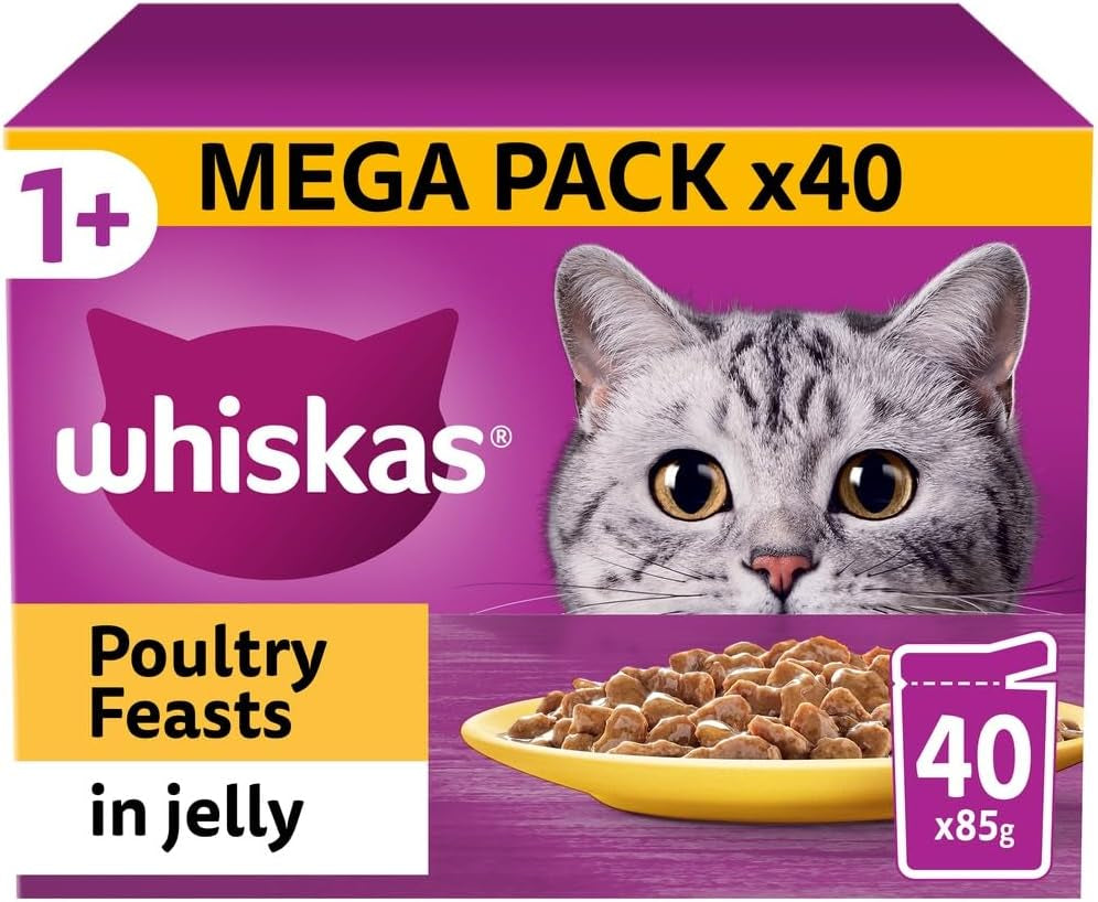 Wishkas  1+ Adult Wet Cat Food Pouches - 40 X 85 G - Poultry Selection - Bulk Cat Food Megapack - 40 Jelly Pouches
