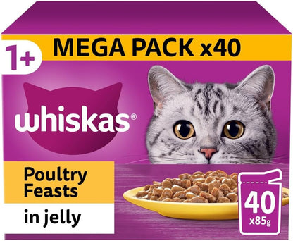 Wishkas  1+ Adult Wet Cat Food Pouches - 40 X 85 G - Poultry Selection - Bulk Cat Food Megapack - 40 Jelly Pouches