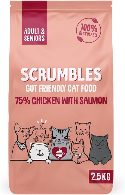 Scrumbles All Natural Dry Cat Food with Chicken and Fresh Salmon, High Protein Food for Adults and Seniors, 2.5 Kg,Pink Bag