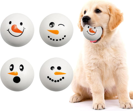 4Pcs Christmas Dog Snowball 2.4Inch Christmas Face Snowman Ball for Small and Middle Dogs Pet Toys Gifts for Pets