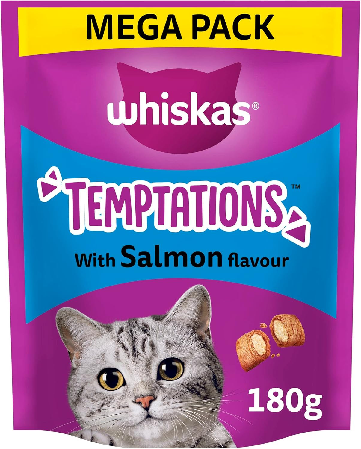 Whiskas Temptations - Tasty, Crunchy Treats for Adult Cats, Small Bite Size Snacks with a Delicious Salmon Flavour Filling, 4X180 G Packets - Pack May Vary