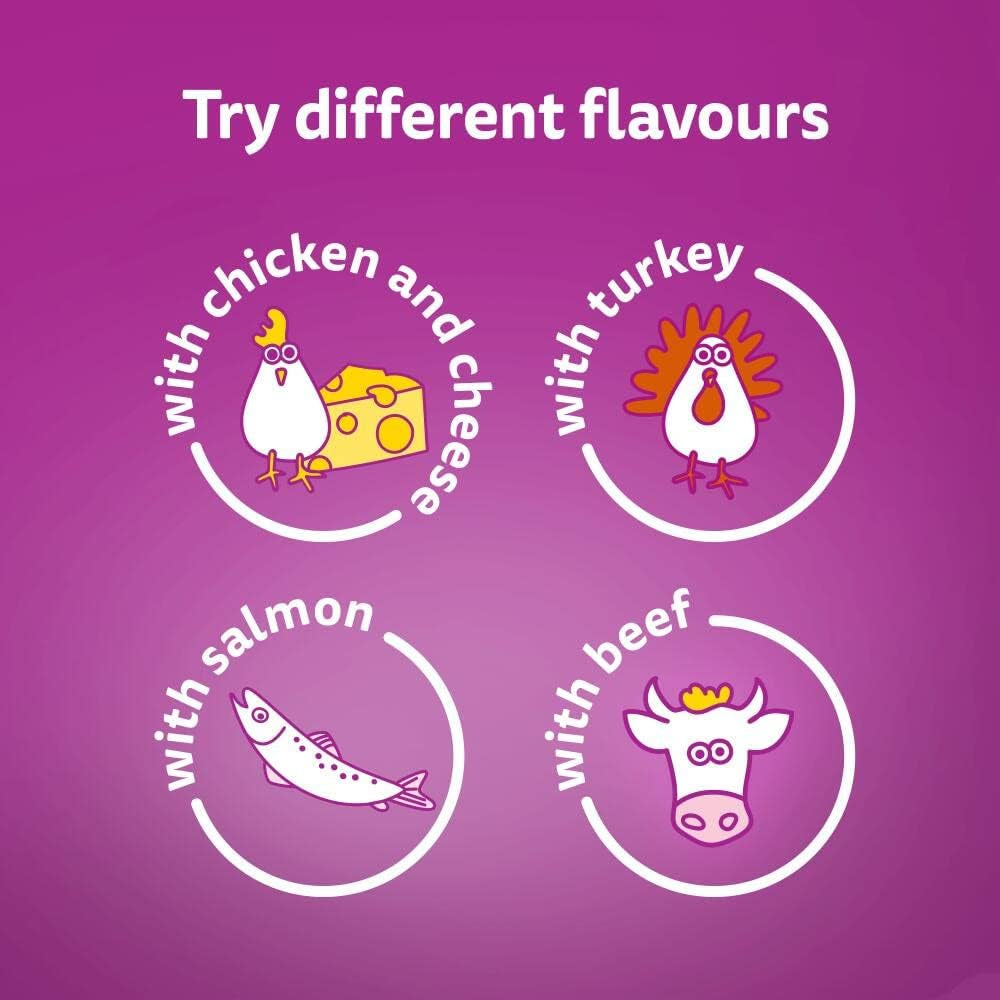 Whiskas Temptations - Tasty, Crunchy Treats for Adult Cats, Small Bite Size Snacks with a Delicious Chicken and Cheese Filling, 4 X 180 G Packets - Pack May Vary