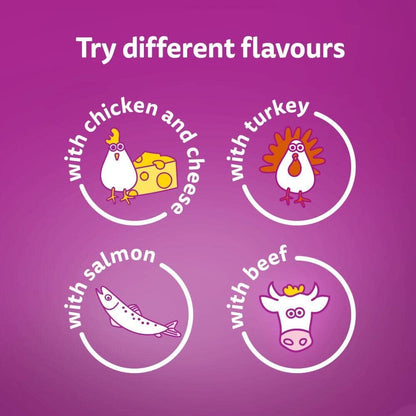 Whiskas Temptations - Tasty, Crunchy Treats for Adult Cats, Small Bite Size Snacks with a Delicious Chicken and Cheese Filling, 4 X 180 G Packets - Pack May Vary