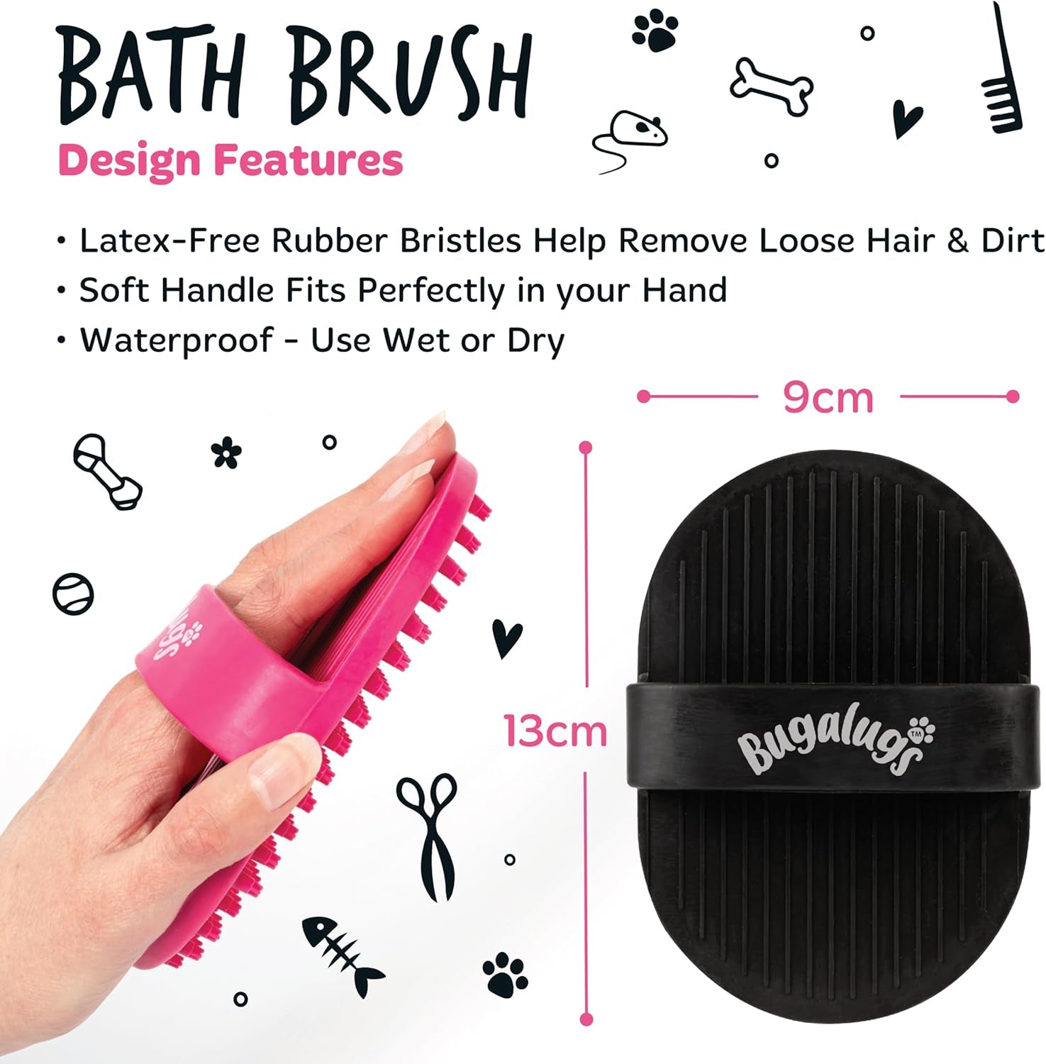 Bugalugs Dog Shampoo Bath Brush & Cat Brush 2 Pack, Use Wet or Dry as Dog Grooming Brush for Grooming & Bathing Use Alongside Our Dog No Rinse Shampoo for Smelly Dogs & Cats (Black (2 Pack))