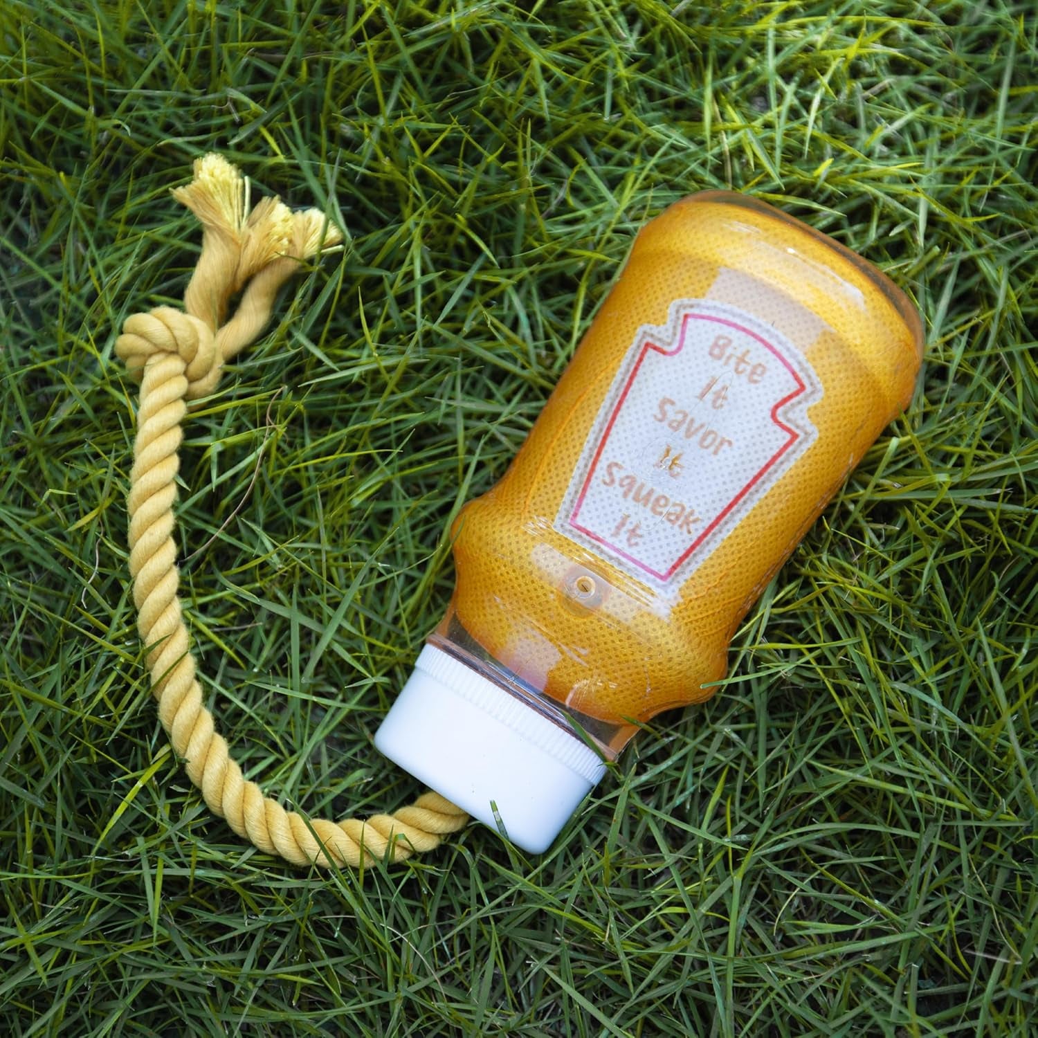 TPR Mustard Bottle Rubber Dog Toy with Rope – Durable Chew & Tug Toy for Small, Medium & Large Dogs – Tough – Interactive Fetch, Tug-Of-War & Dental Health Play
