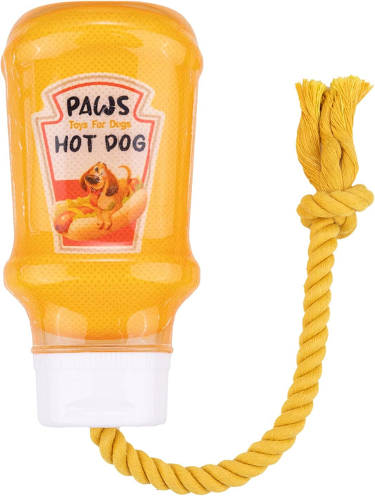 TPR Mustard Bottle Rubber Dog Toy with Rope – Durable Chew & Tug Toy for Small, Medium & Large Dogs – Tough – Interactive Fetch, Tug-Of-War & Dental Health Play