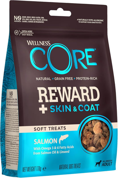 Reward+ Skin & Coat, 170G, Salmon, Soft Dog Treats for All Dog Breeds, All-Natural, Grain-Free, High Meat Content, Protein-Rich, Supports Healthy Skin & Coat