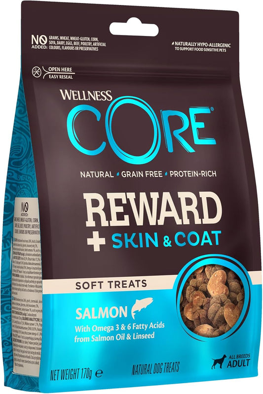 Reward+ Skin & Coat, 170G, Salmon, Soft Dog Treats for All Dog Breeds, All-Natural, Grain-Free, High Meat Content, Protein-Rich, Supports Healthy Skin & Coat