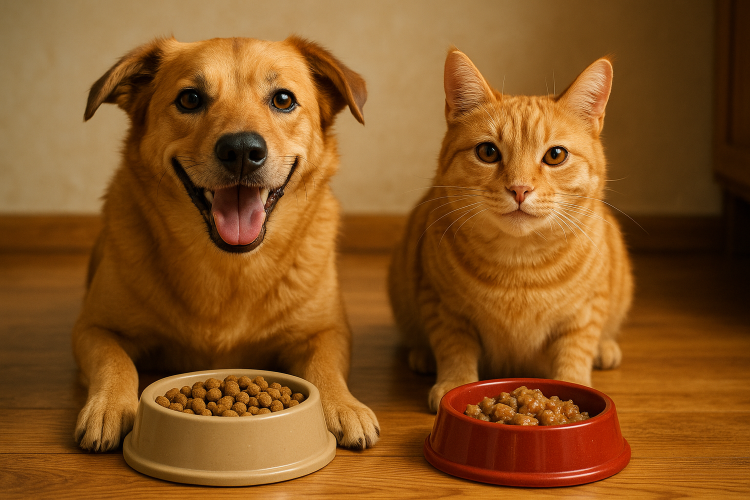 happy dog and cat eating food